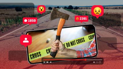 A stock recreated image of a smartphone, social media icons, and a hand wielding a hatchet