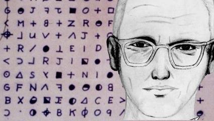 Composite sketch of the Zodiac Killer overlayed on one of the letters he sent to the press