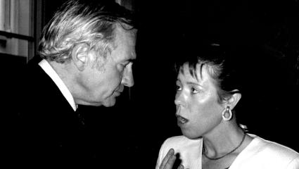 John Stonehouse talks to a woman in 1987