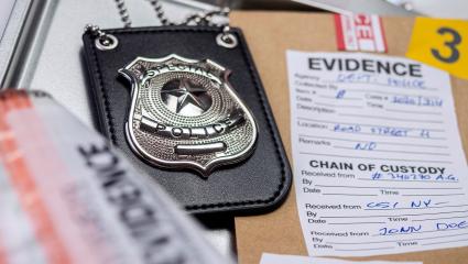 A police badge next to an evidence bag