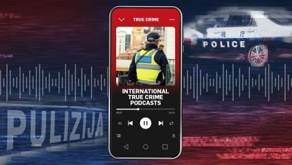 A smartphone playing a podcast with the title 'International true crime podcasts'