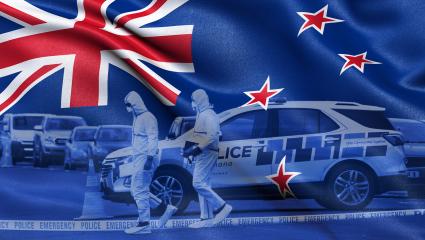 An edited image showing the New Zealand flag and a New Zealand police car