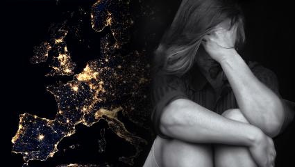 A graphic showing a map of Europe and a woman hiding her face