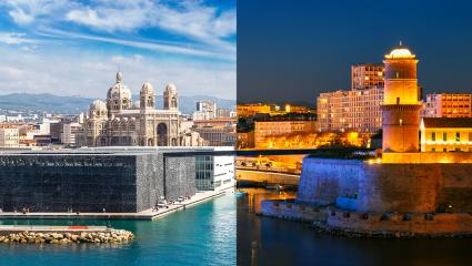 Vieux port in Marseille, France shown during both the day and night