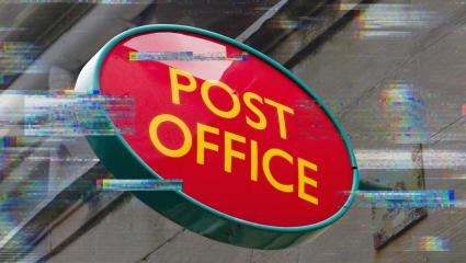 A digitally edited photo of a Post Office sign with glitch effects