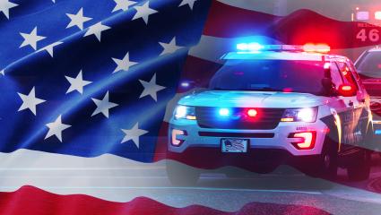 An edited image showing the Flag of the United States and a US police car