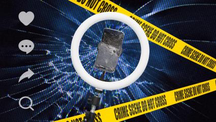 A graphic showing a broken mobile phone surrounded by police tape