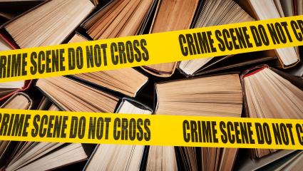 A graphic showing police tape and books