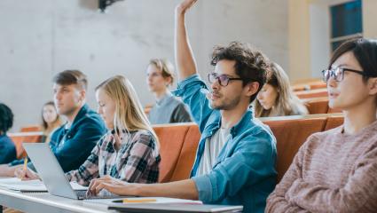 Student raises his hand while in a lecture