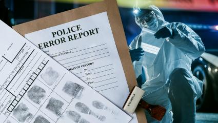 An image of a Police Error Report and a forensic scientist at a crime scene