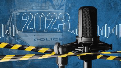 A graphic showing a microphone, police tape and '2023'