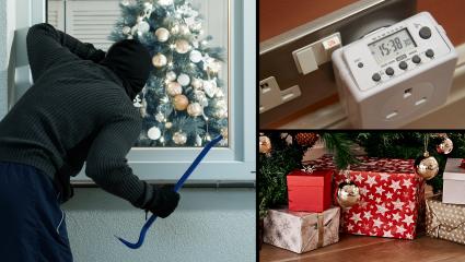 An edited photograph of a burglar, a plug timer and Christmas presents