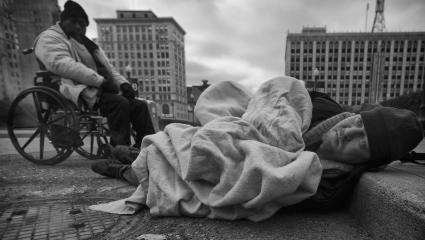 Two homeless men on the streets of Detroit, Michigan