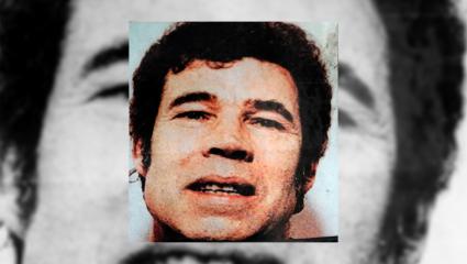A photo of Fred West imposed over a larger black and white photo