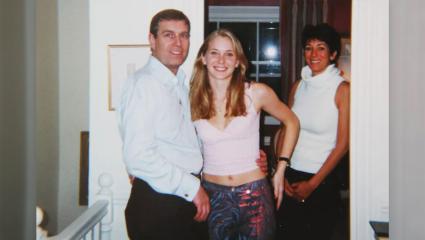 The infamous photo of Prince Andrew with his arm round Virginia Giuffre (c) and Ghislaine Maxwell standing in the background