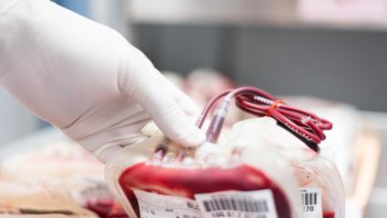 Scientist's hand holding a red blood bag in storage blood refrigerator at blood bank unit laboratory
