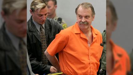 Convicted murderer and death row inmate Ron Lafferty is handcuffed after his court hearing in a courtroom in Provo, Utah, USA on the 6th October 2005