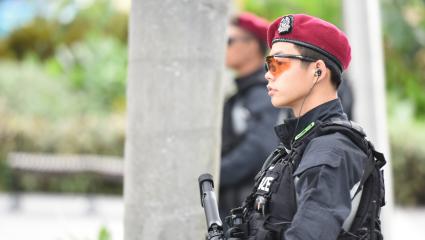 Armed police patrolling a park in Marina Bay