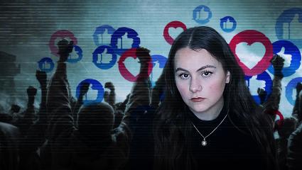 Mollie Westbrook in front of 'like' and 'heart' symbols