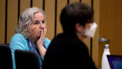 Nancy Brophy watches court proceedings during her trial