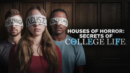 The young adults wear blindfolds that have 'HAZING', 'ABUSE' and 'RACISM' written on them, stylised using Greek lettering