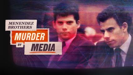 'MENENDEZ BROTHERS: MURDER BY MEDIA' spelled out using newspaper headlines. On the right is an image of the Menendez Brothers in court