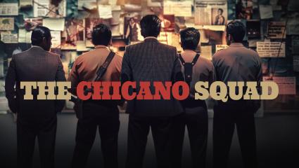 'THE CHICANO SQUAD' - 5 Latino detectives with their backs to the camera looking at an evidence board