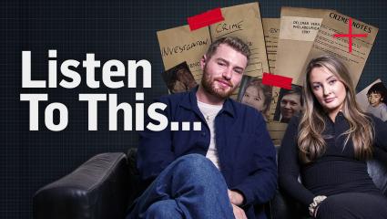 'Listen To This...' - Jack Taylor and Charley Bourne sitting on a sofa surrounded by crime files
