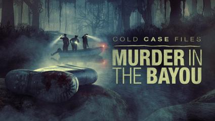 'COLD CASE FILES: MURDER IN THE BAYOU' - Police officers on a small boat search a swampy lake with flashlights. A discarded boot rests on a rock in the foreground