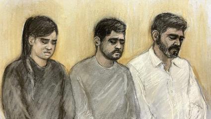 Courtroom sketch of (left to right) Sara Sharif's stepmother Beinash Batool, uncle Faisal Malik and father Urfan Sharif