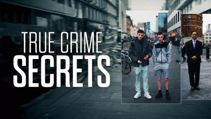 'TRUE CRIME SECRETS' - Overlayed images of ordinary people standing on the street