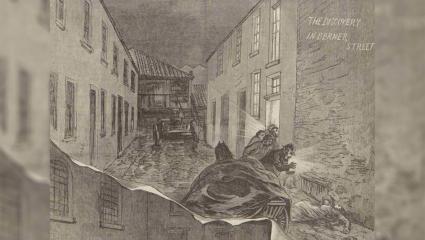 An 1888 illustration depicting police discovering Elizabeth Stride's body