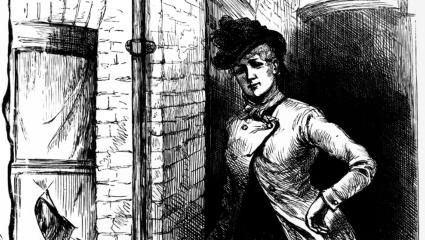 1888 illustration of Mary Jane Kelly standing in an alleyway