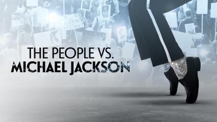 'THE PEOPLE VS. MICHAEL JACKSON' - An image of a pair of legs replicating Michael Jackson's iconic pose on his toes - while cameras flash in the background