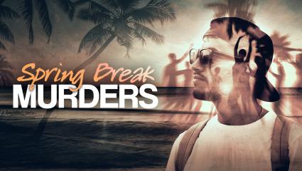 'Spring Break Murders' - A young man with dancing students overlayed in a beach setting