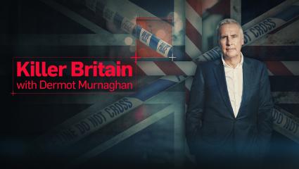 'Killer Britain with Dermot Murnaghan' - Dermot Murnaghan standing in front of police tape arranged to look like the Union Jack