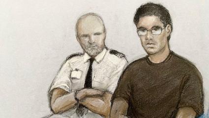 Court artist sketch of Nicholas Prosper and a police officer