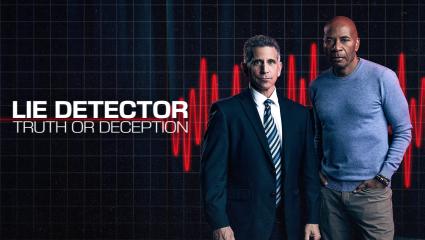'LIE DETECTOR - TRUTH OR DECEPTION' - Tony Harris and George Olivo standing side-by-side with red polygraph lines behind them