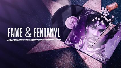 'FAME & FENTANYL' A bottle of pills spilling over a torn photo of Prince next to a vinyl record with a skull and cross bones in the middle