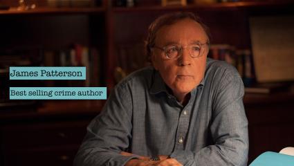 James Patterson next to text stating his name and 'Best selling crime author'