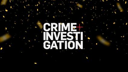 Crime+Investigation logo on a black background with gold confetti falling down