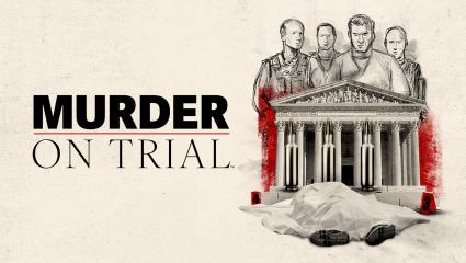 A body lies under a white sheet in front of a court house in front of a sketch of the jury 