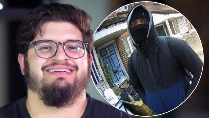 A bike recovery agents speaks to the camera while the insert shows a man with his face covered