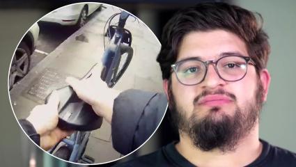 Recovery agent Bilal speaks to the camera. Insert shows a POV screenshot from a bodycam of an agent grabbing hold of a bike seat