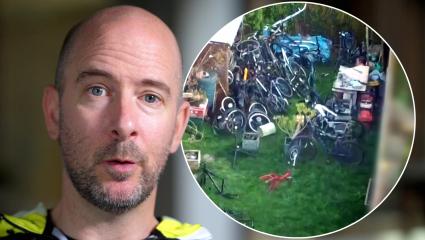 A bike recovery agent speaks to the camera while an inserted image shows a large amount of bikes stashed in a back garden