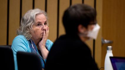 Nancy Crampton Brophy listens in court
