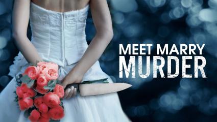 A bride stands with flowers and a large knife behind her back - next to the show title