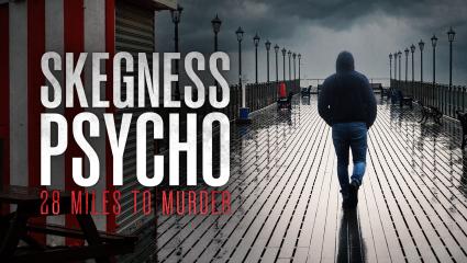 Promotional artwork for Skegness Psycho: 28 Miles to Murder, showing a lone figure walking along a rain-soaked pier under dark skies