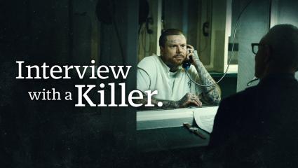 Promotional artwork for 'Interview With A Killer' featuring murderer Adam Williams speaking to journalist David Scott