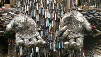 A close up of the Knife Angel, a sculpture made of confiscated knifes